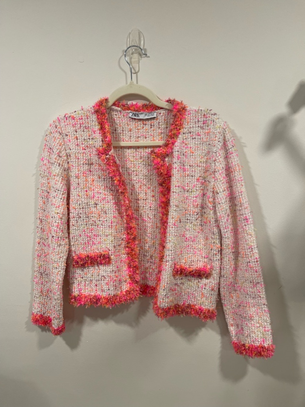 Zara Cream Tweed Cardigan with Pink & Orange Accent Fringe